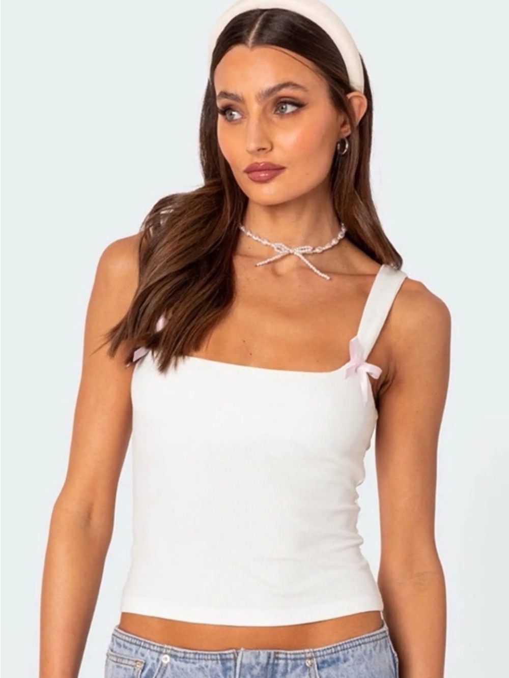 Edikted White Ribbed Square Neck Tank with Pink Bow Straps
